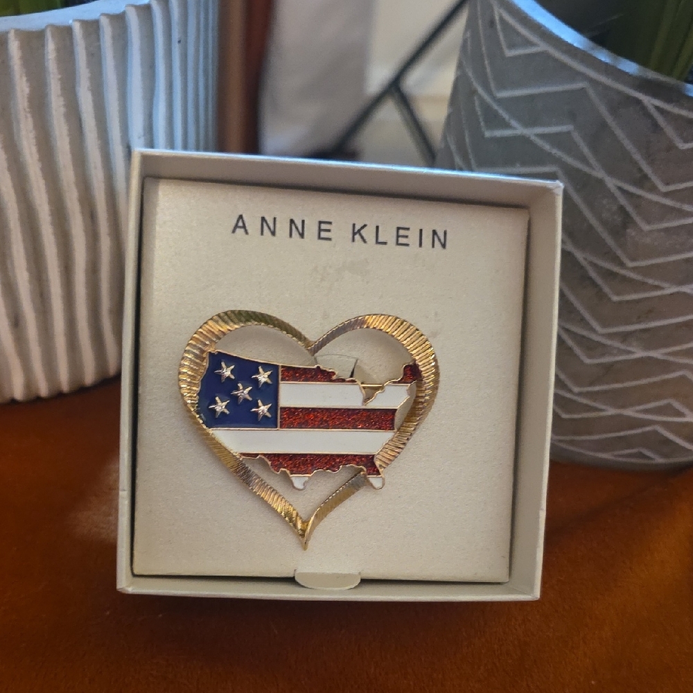 Anne Klein Gold and Red Heart-Shaped USA Pin